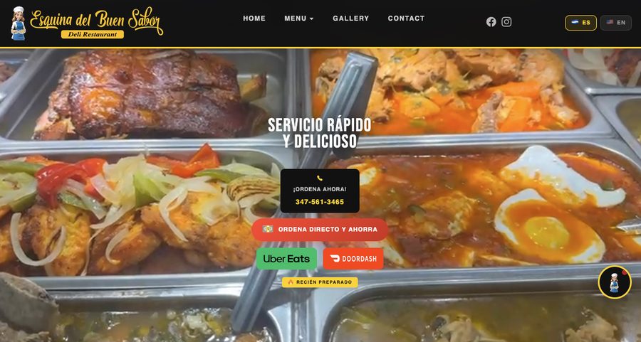 Portada del website de Esquina del Buen Sabor: menú, teléfono, botón de ordenar directo y enlaces a Uber Eats y DoorDash